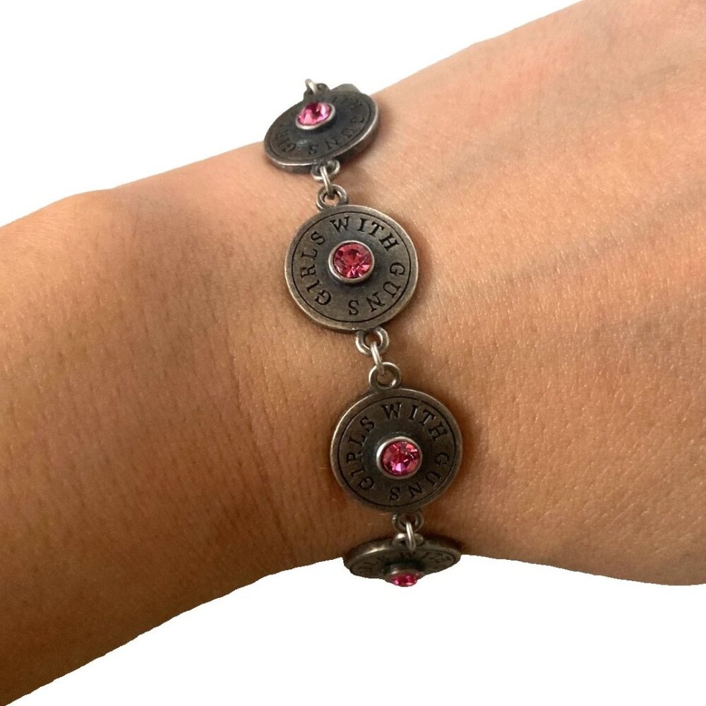 antique silver tone fashion jewelry preloved bracelet features pink rhinestones